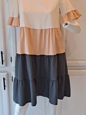 SHEIN Cream Tan and Gray Colorblock Panel Tiered Mini Dress